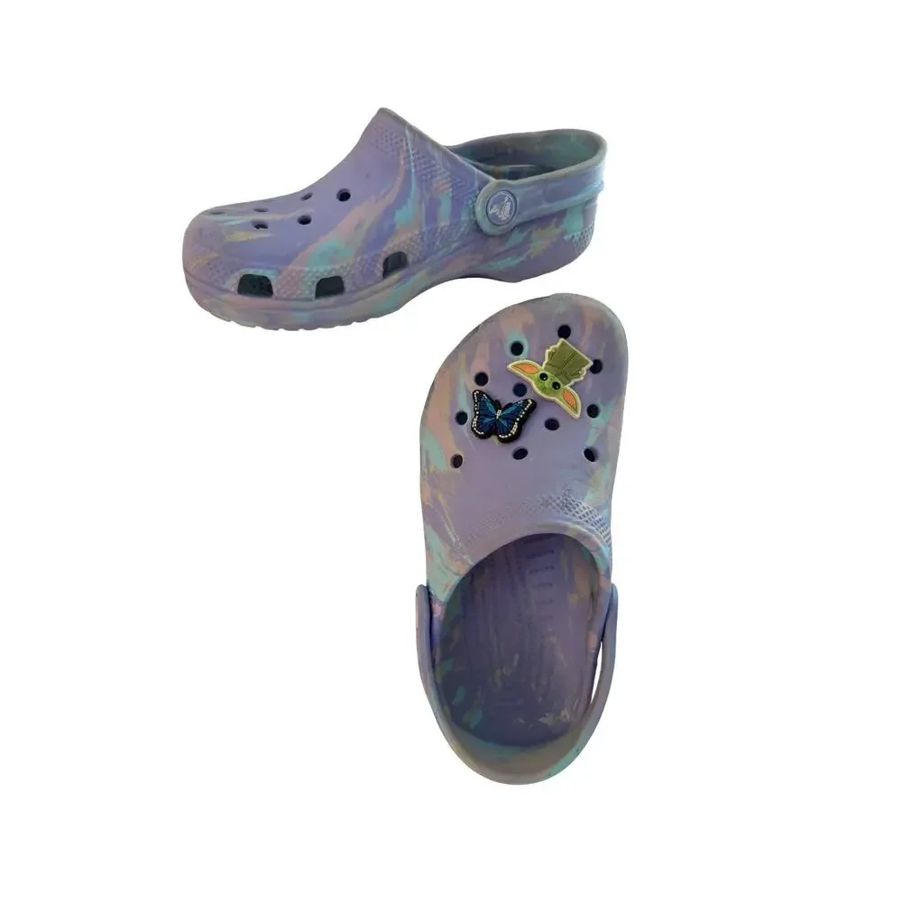CROCS Kids J2 Purple Tie Dye Classic Clogs Butterfly Baby Yoda Jibbitz Youth